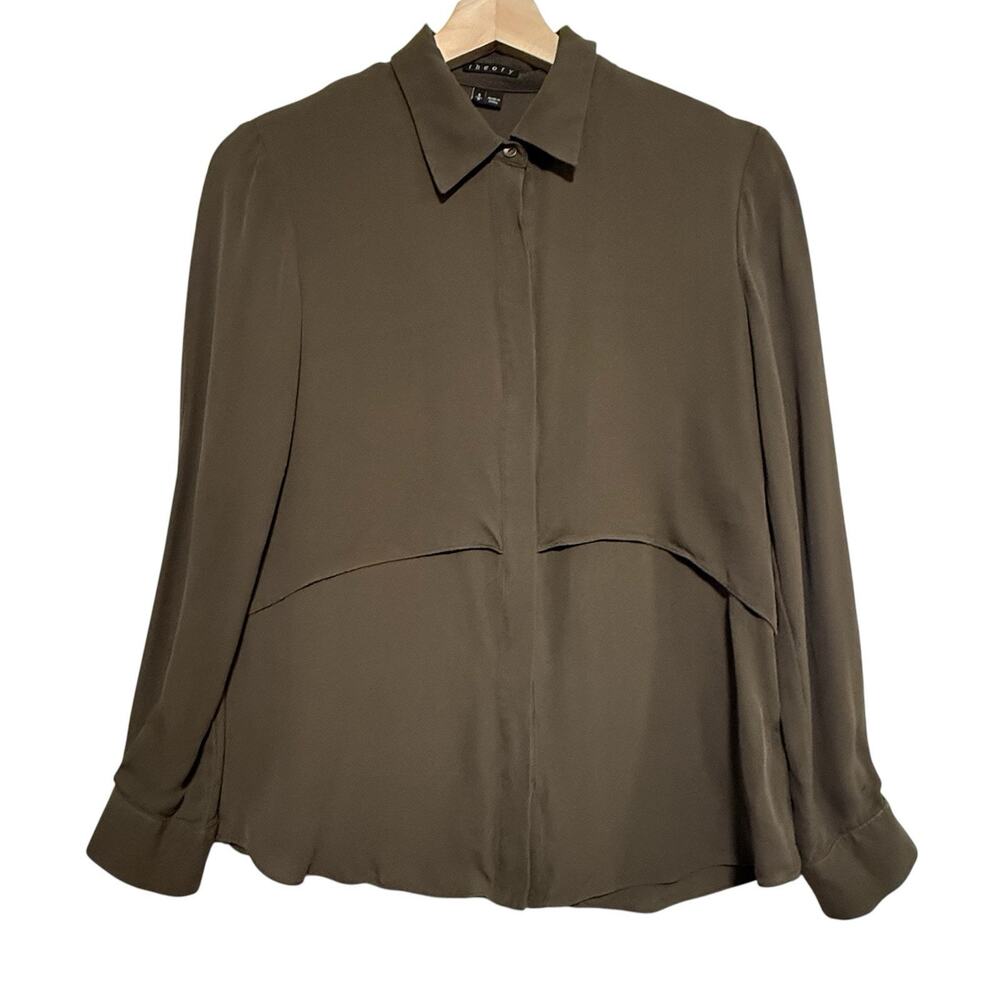 Theory Rosita 100% Silk Blouse Top SZE SMALL Olive Grn Tiered Button L/S Placket